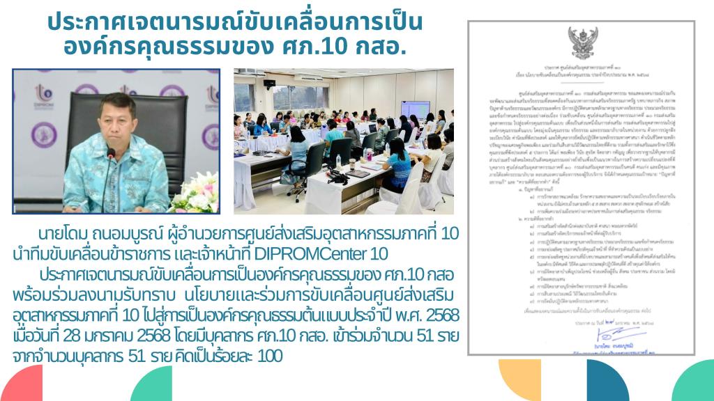 ศูนย์ส่งเสริมอุตสาหกรรมภาคที่ 10 กรมส่งเสริมอุตสาหกรรม ขอเผยแพร่องค์ความรู้และผลสำเร็จจากการดำเนินงานขับเคลื่อนองค์กรคุณธรรม ประจำปีงบประมาณ พ.ศ.2568